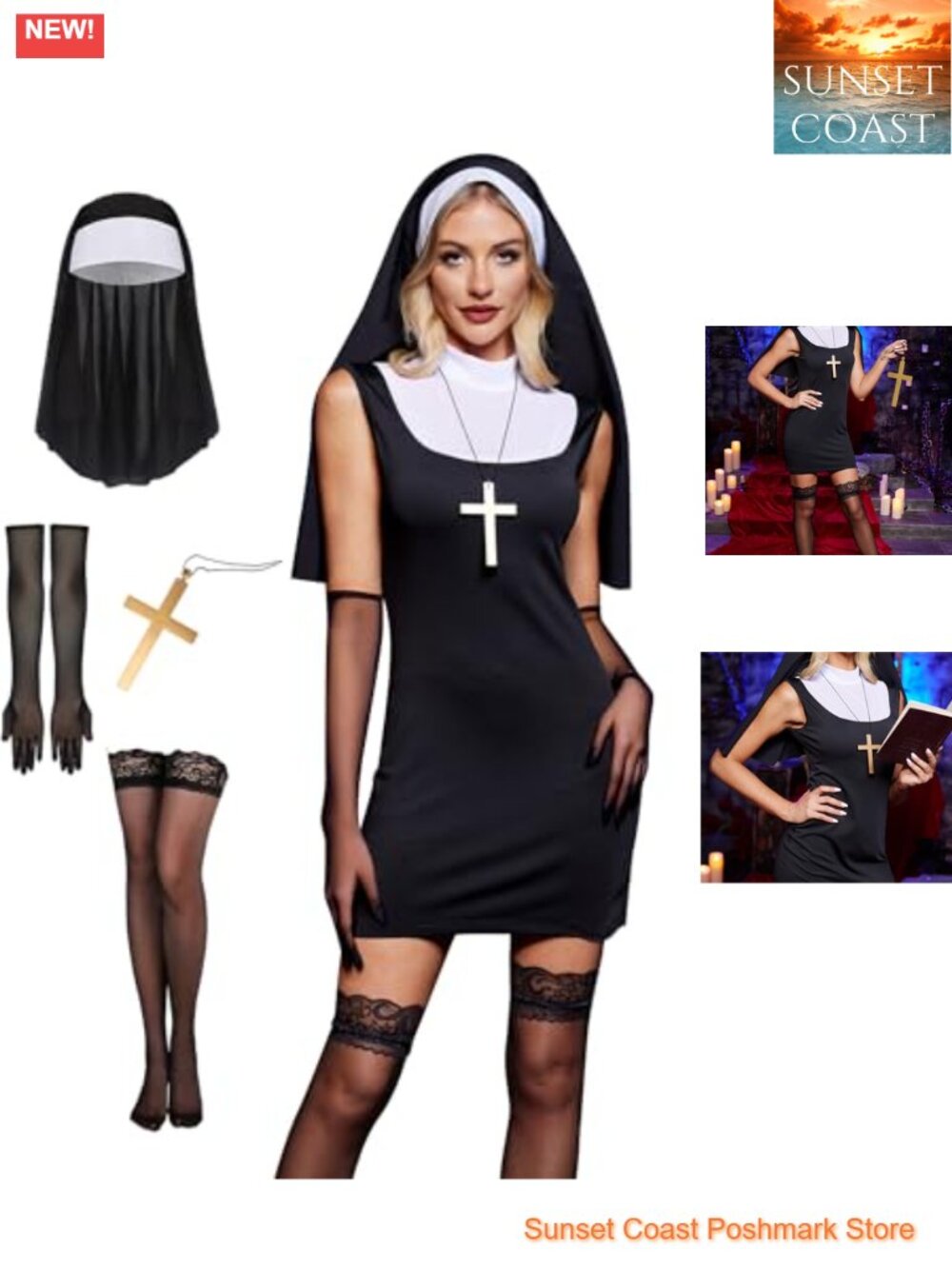 Sexy Nun Costume 5 Piece Set Sleeveless Bodycon Mini Dress Cosplay